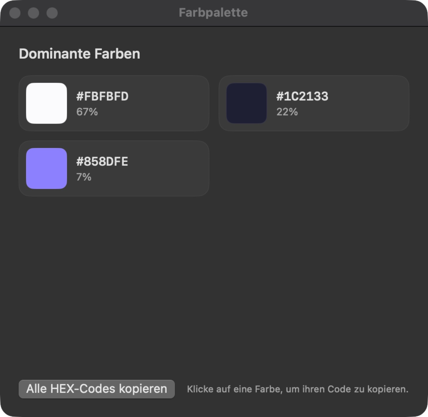 Screen Ninja Farbpalette: die dominanten Farben des Bildes mit HEX-Code und Prozentanteil