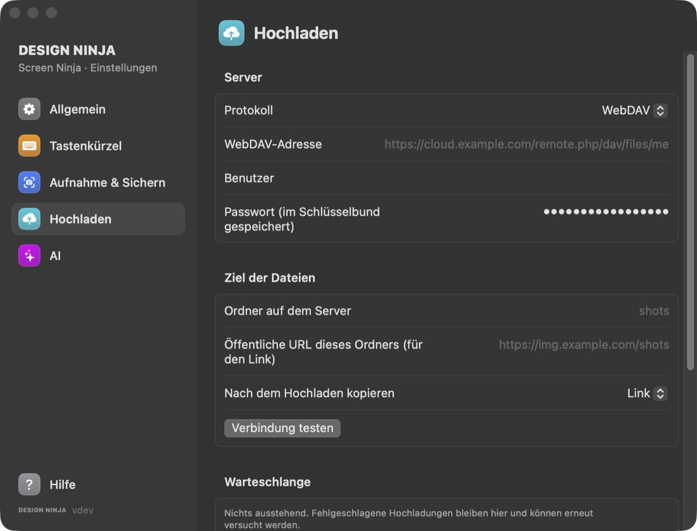 Screen Ninja Einstellungen, Tab „Hochladen“: WebDAV-Server, Ordner und Warteschlange