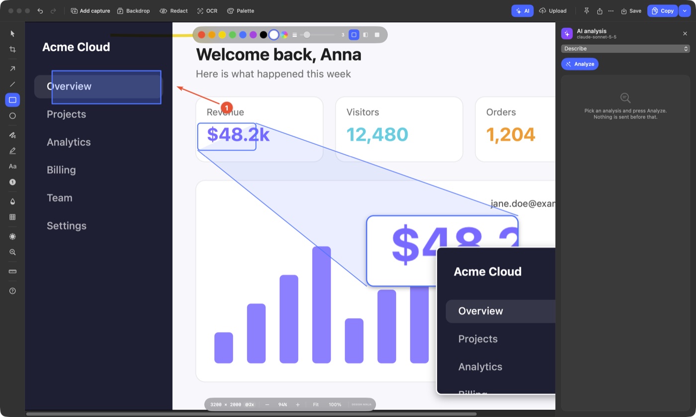 Screen Ninja editor with the AI analysis panel open and the Analyze button