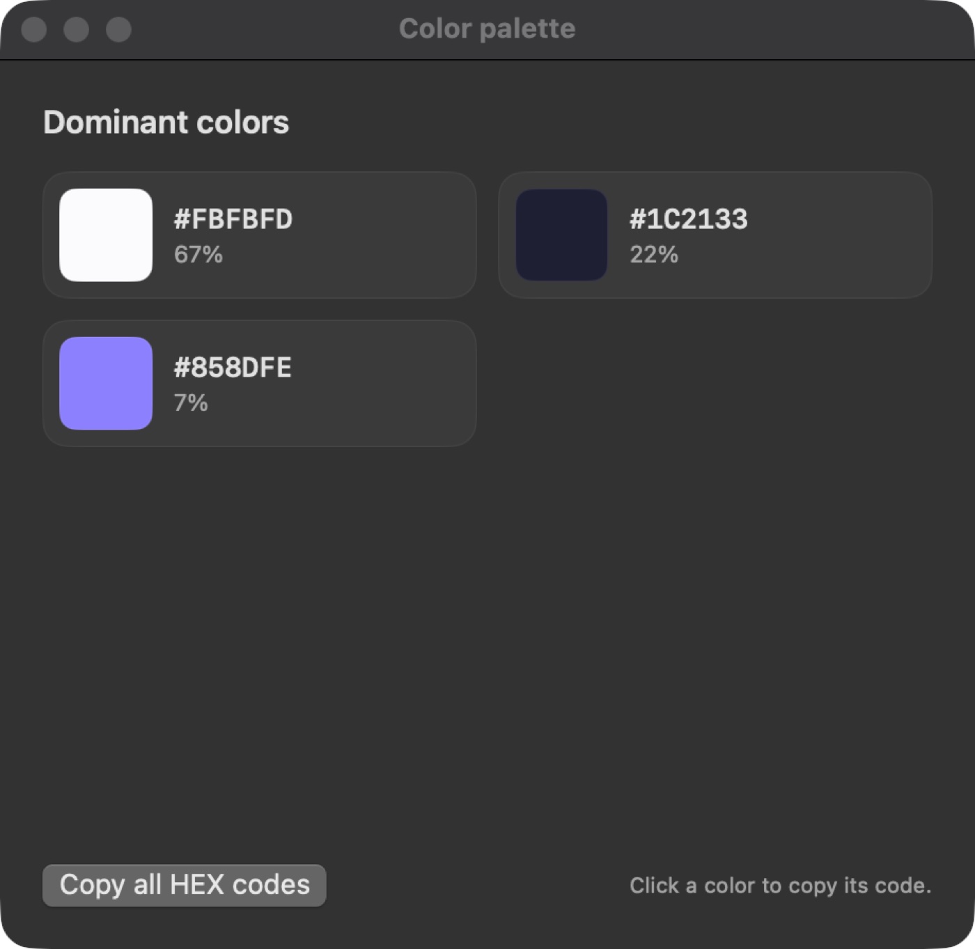 Screen Ninja color palette window: the dominant colors of the image with HEX codes and percentages