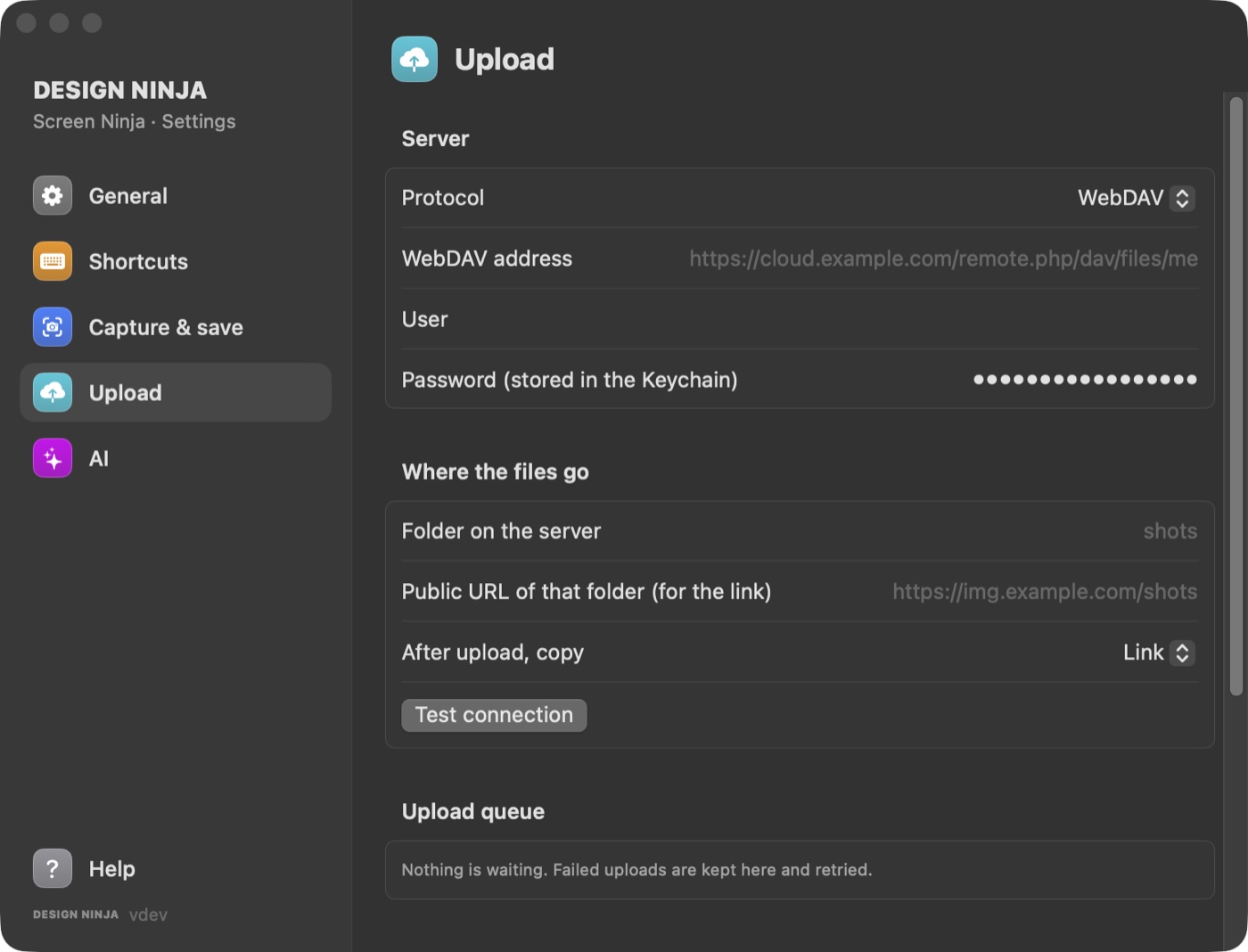 Screen Ninja settings, Upload tab: WebDAV server, folder and upload queue