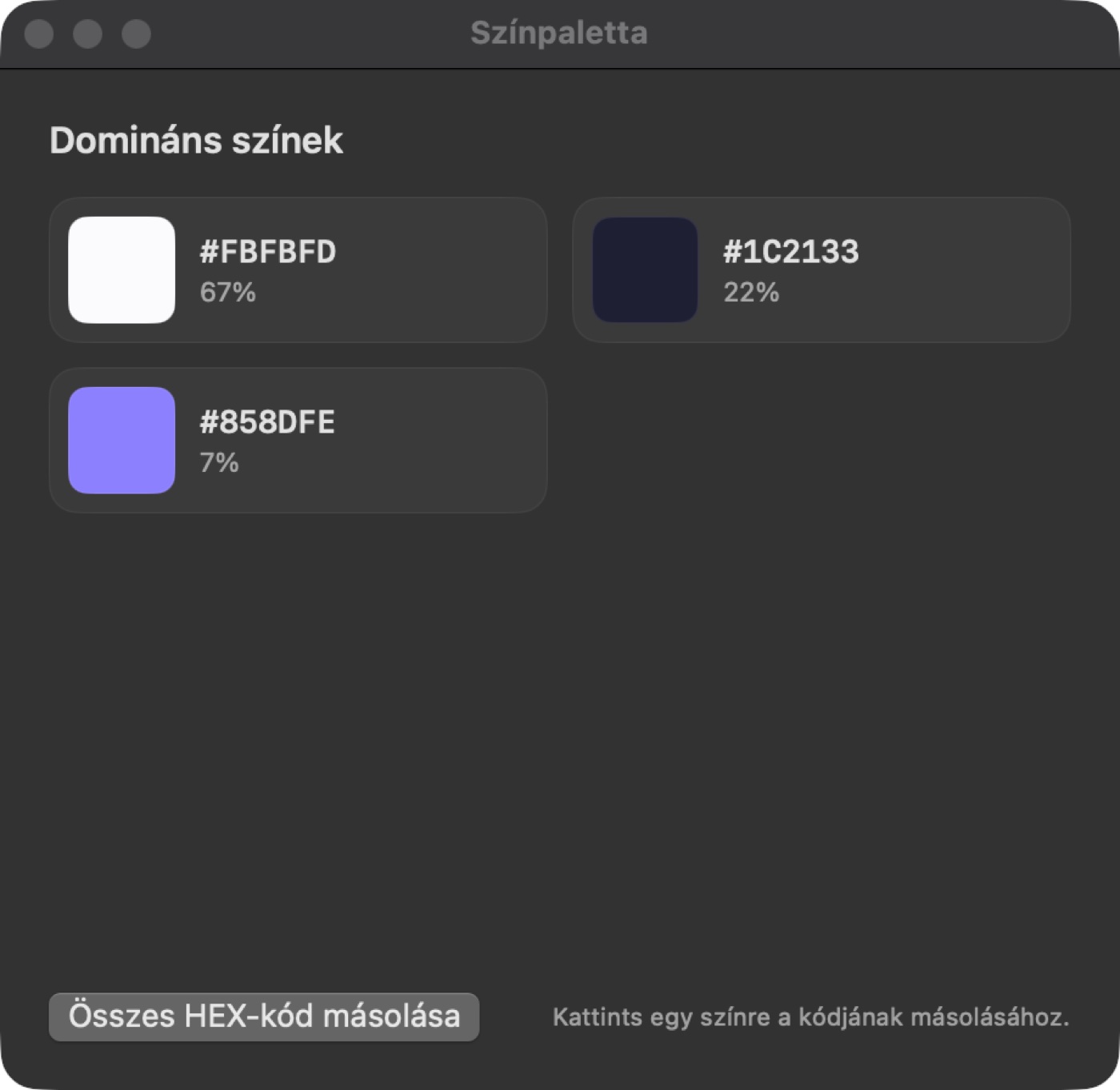 Screen Ninja színpaletta ablak: a kép domináns színei HEX-kóddal és százalékkal