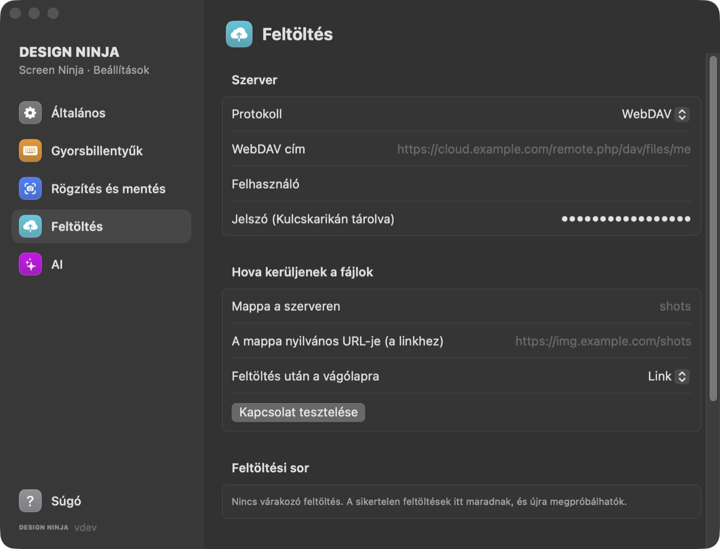 Screen Ninja beállítások, Feltöltés lap: WebDAV szerver, mappa és feltöltési sor