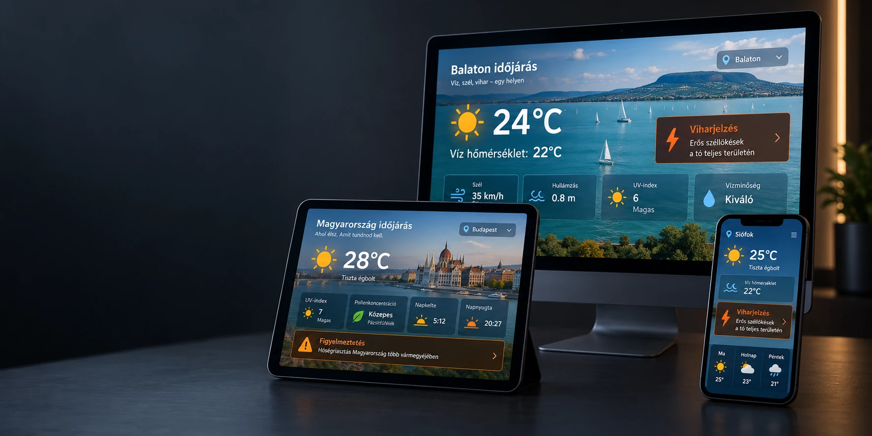 Lake Balaton and nationwide weather plugin shown on desktop, tablet and mobile