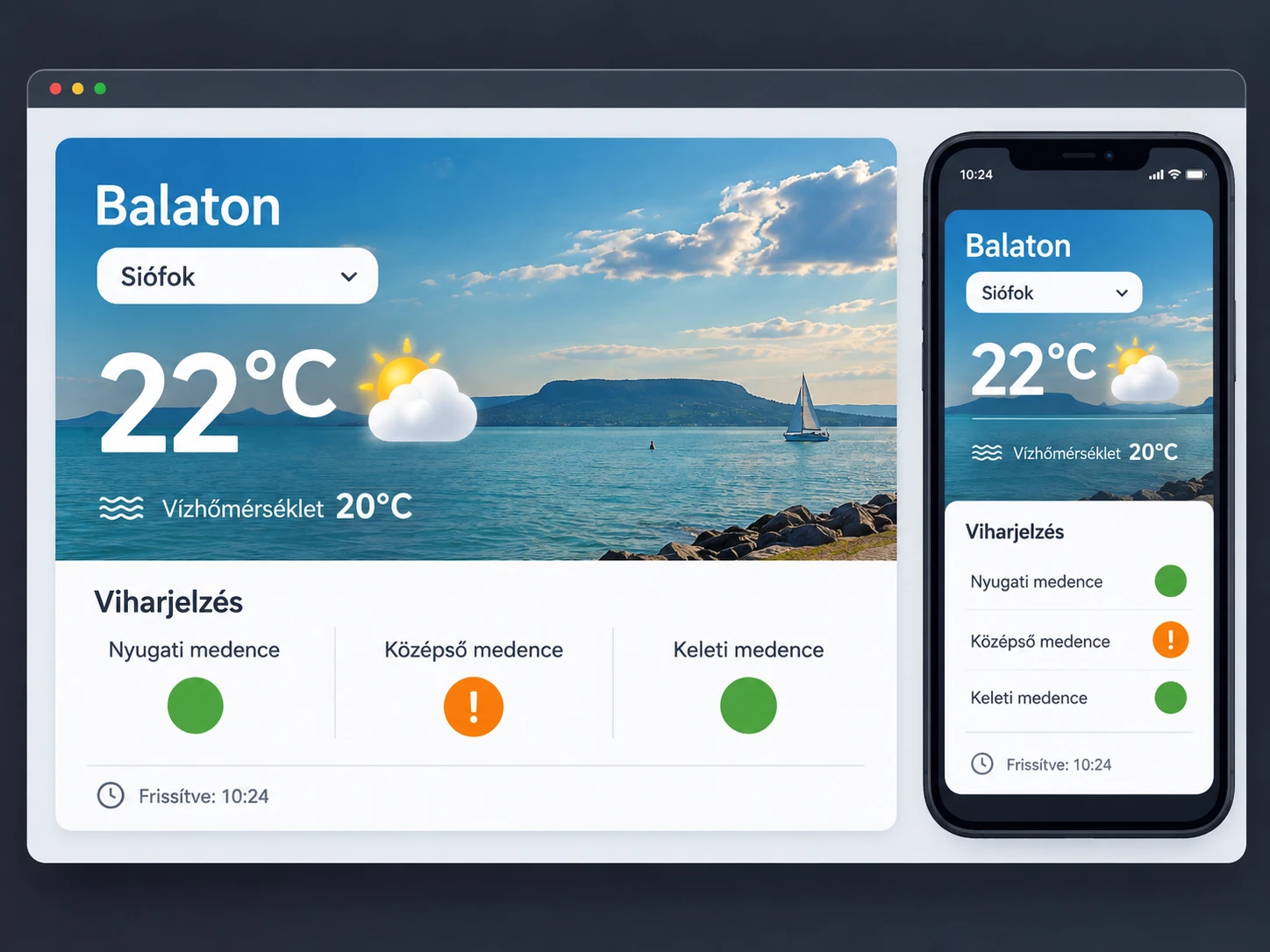 Lake Balaton weather widget with water temperature and storm warnings by basin
