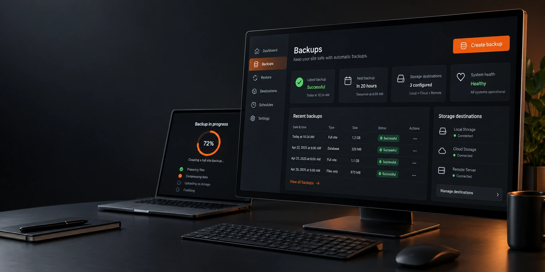 DN Backup Manager Dashboard mit Backup-Status und Speicherzielen