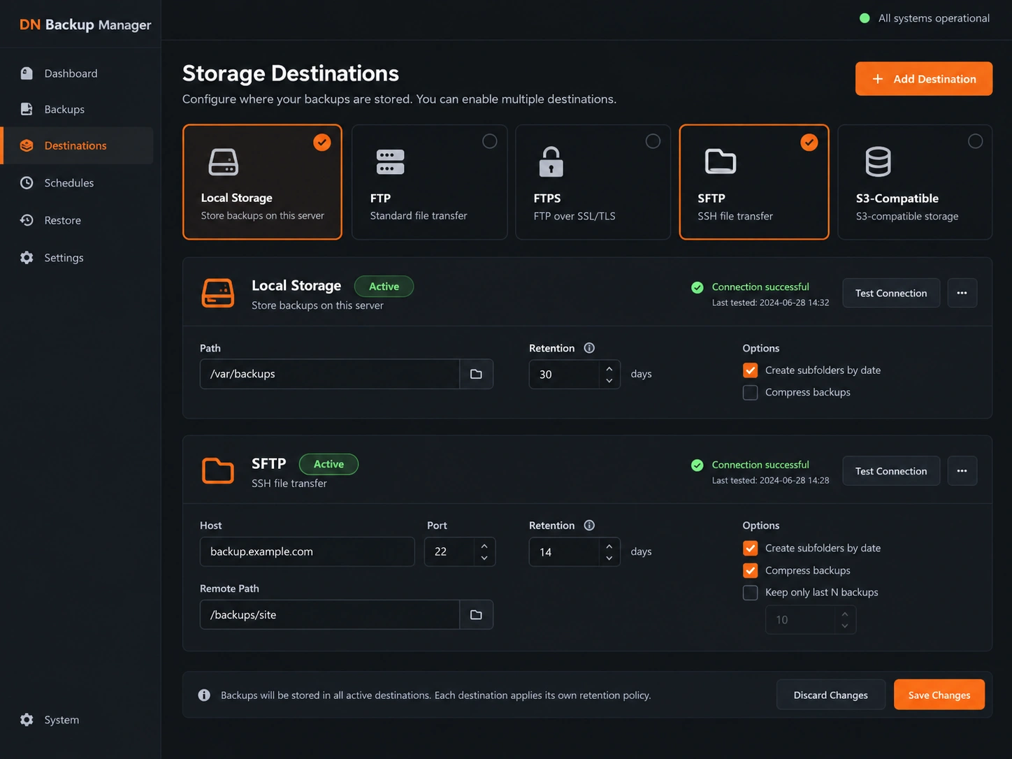 Konfiguration lokaler und entfernter Speicherziele für Backups