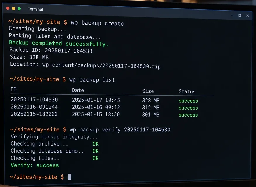 Backup mit WP-CLI-Befehlen erstellen und prüfen