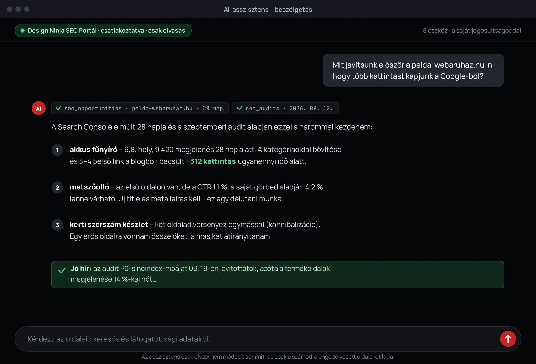 AI-asszisztens beszélgetés, amely a SEO Portál adataiból javasol teendőket egy webáruháznak